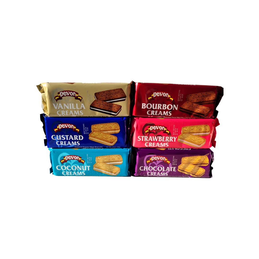Devon Cream Filled Biscuits 4.9oz, Variety 6-Pack (Chocolate, Coconut, Custard, Vanilla, Bourbon, Strawberry)
