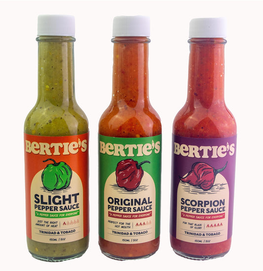 Bertie's Trinidad Pepper Sauce Gift Pack Sampler - Original - Scorpion - Slight | 3 x 150ml / 5 Ounce. | 3-Pack