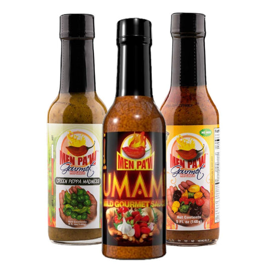 Men Pa'w Gourmet Red Sauce, Green Peppa Madness, & Umami Hot Sauce, 8 oz. (Pack of 3)