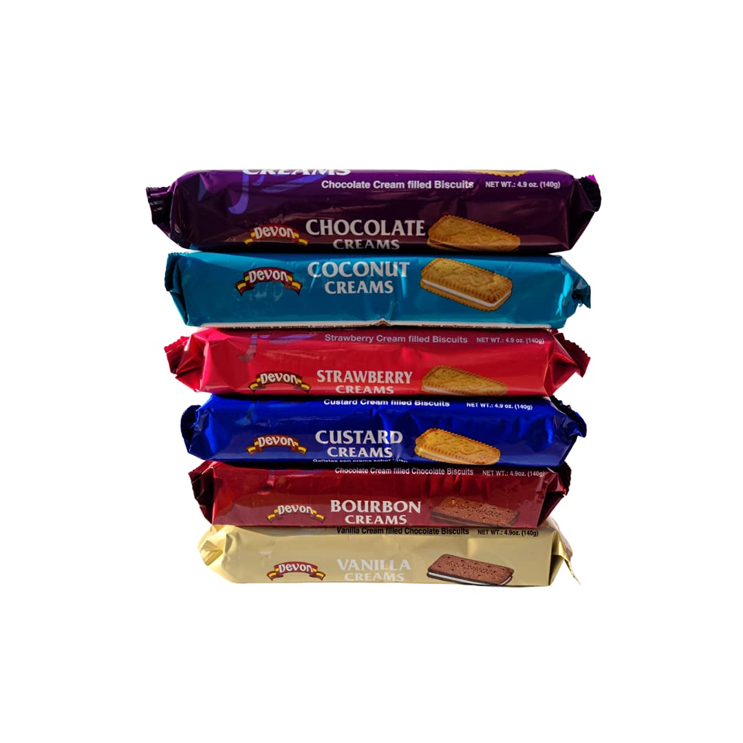 Devon Cream Filled Biscuits 4.9oz, Variety 6-Pack (Chocolate, Coconut, Custard, Vanilla, Bourbon, Strawberry)