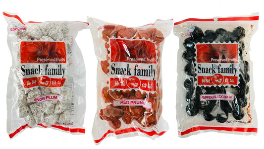 Snack Family Preserved Fruits Sampler- Red Salt Prune, Snow Plum & Pepper Black Prune - Pack of 3 - Trinidad & Tobago Snacks