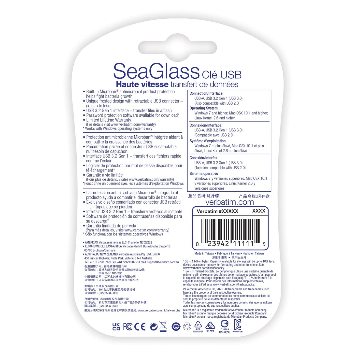 Verbatim® SeaGlass USB 3.2 Gen 1 Flash Drive, 128GB, Gray