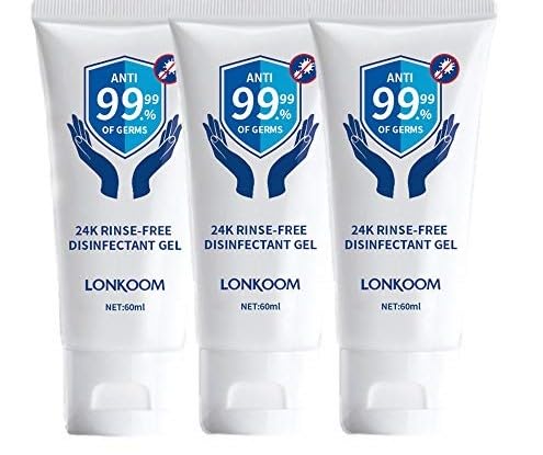 LONKOOM 24K Rinse-free Hand Sanitizer Gel, Refreshing, 60ML Travel Size Household Cleaning Gentle Hydrating Hand Sanitizer Soothing Gel,Non-irritating 60ML3 Pack