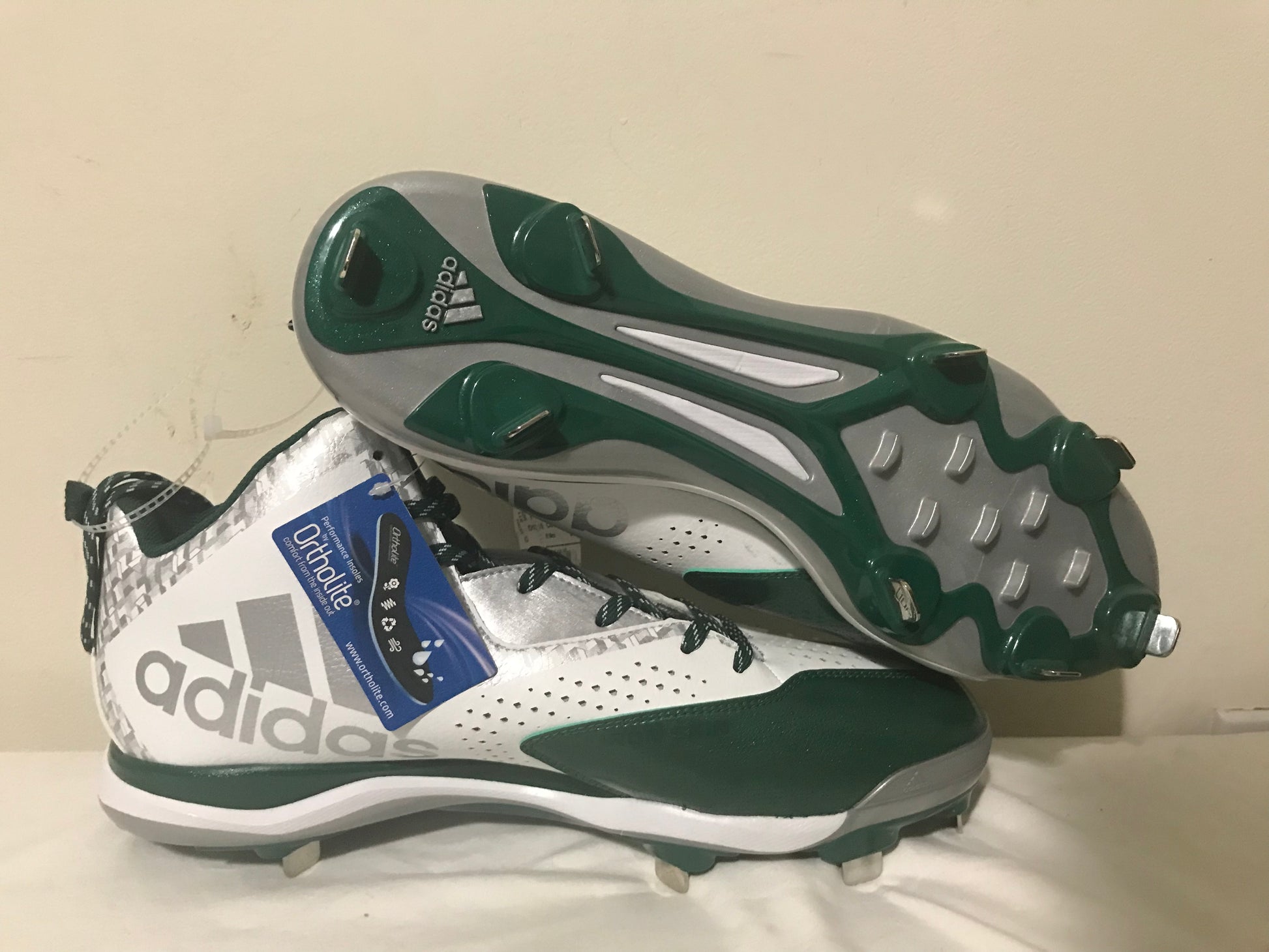 New Adidas Litestrike Men s Baseball Metal Cleats White Green Sz 14 Q1 ELWOOD INTERNATIONAL